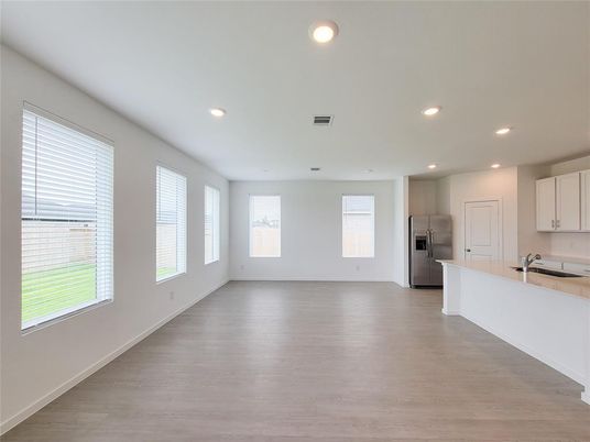 Empty room, Interior, Kitchen, Recessed Lighting, Wood Texture Flooring