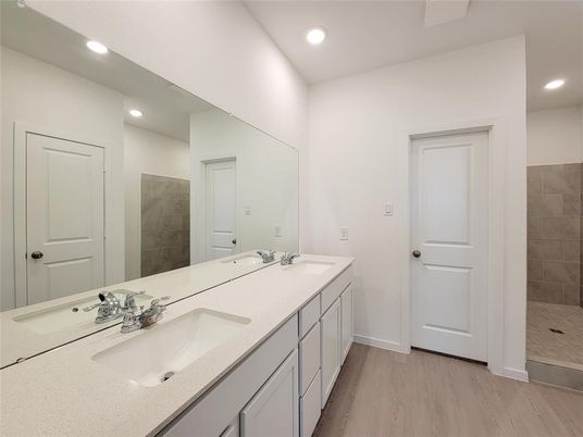 Bathroom, Dual Sink Vanities, Interior, Recessed Lighting, Wood Texture Flooring