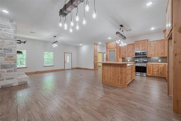 Empty room, Interior, Kitchen, Pendant Lights, Recessed Lighting, Wood Texture Flooring