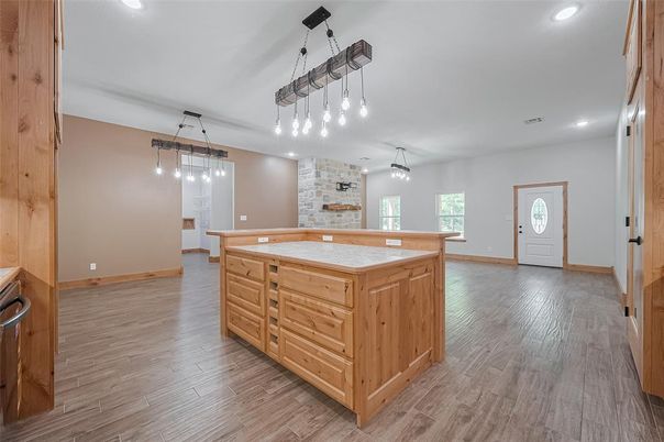 Interior, Kitchen, Pendant Lights, Recessed Lighting, Wood Texture Flooring