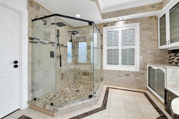 Bathroom, Glass Shower, Interior, Recessed Lighting, Stone Walls