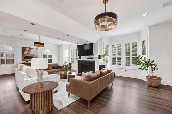 Fireplace, Interior, Living room, Pendant Lights, Recessed Lighting, Wood Texture Flooring