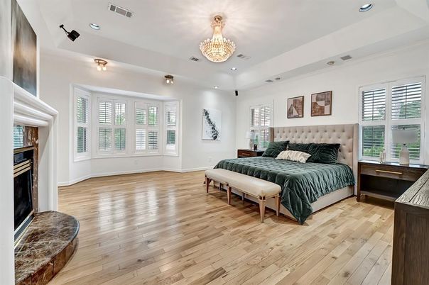 Bedroom, Chandelier, Interior, Recessed Lighting, Wood Texture Flooring