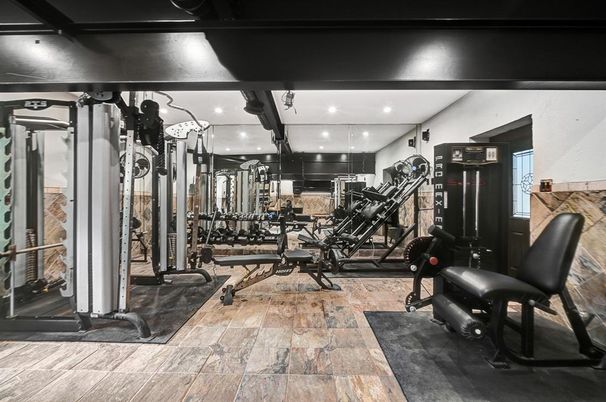 Fitness Equipment, Gym, Interior, Recessed Lighting, Wood Texture Flooring