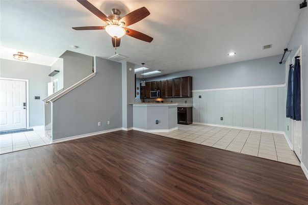 Empty room, Interior, Kitchen, Recessed Lighting, Wood Texture Flooring