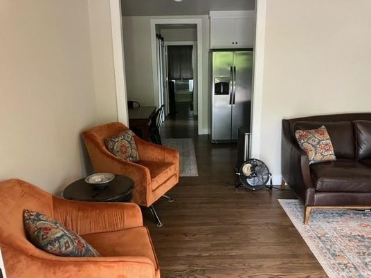 Interior, Living room, Recessed Lighting, Stainless Steel Appliances, Wood Texture Flooring