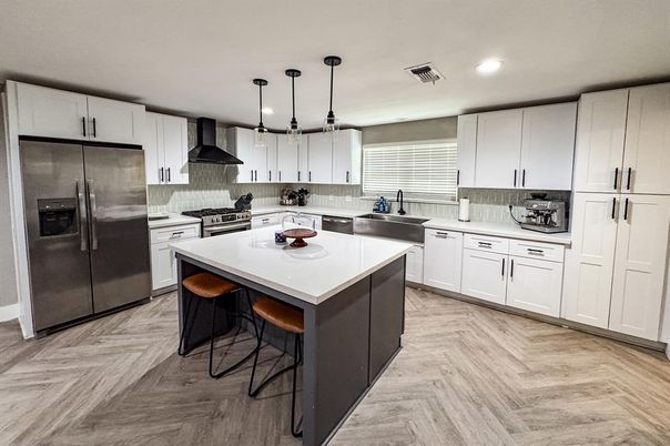 Interior, Kitchen, Pendant Lights, Recessed Lighting, Stainless Steel Appliances, Wood Texture Flooring