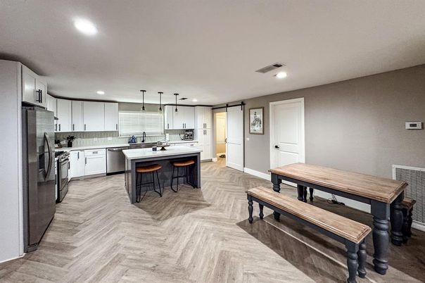 Interior, Kitchen, Pendant Lights, Recessed Lighting, Stainless Steel Appliances, Wood Texture Flooring