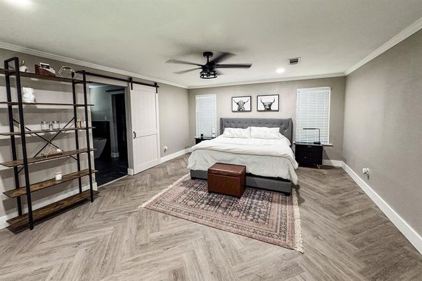 Bedroom, Interior, Recessed Lighting, Wood Texture Flooring