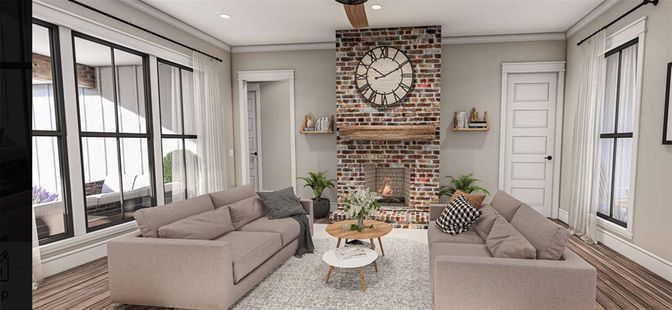 Fireplace, Interior, Living room, Recessed Lighting, Stone Walls, Wood Texture Flooring