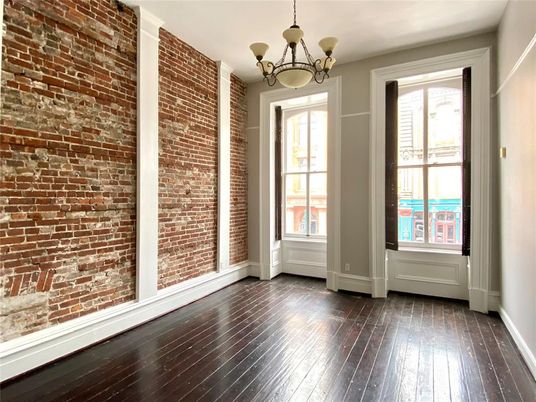 Chandelier, Empty room, Interior, Stone Walls, Wood Texture Flooring