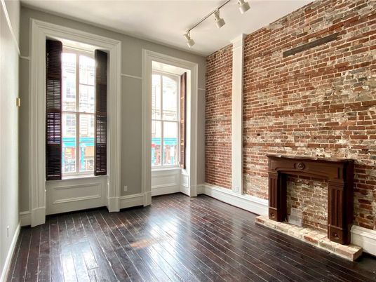 Empty room, Fireplace, Interior, Stone Walls, Wood Texture Flooring