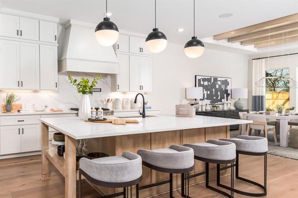 Dining room, Interior, Kitchen, Pendant Lights, Recessed Lighting, Wood Texture Flooring