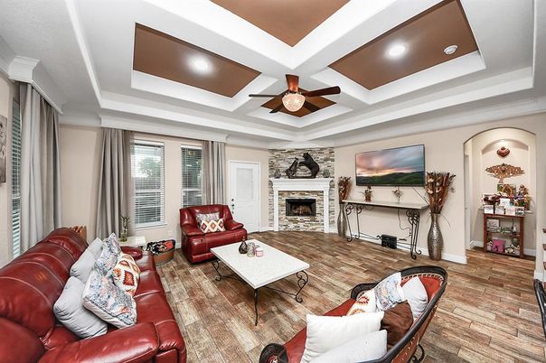 Fireplace, Interior, Living room, Recessed Lighting, Wood Texture Flooring