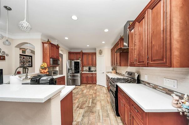Interior, Kitchen, Pendant Lights, Recessed Lighting, Stainless Steel Appliances, Wood Texture Flooring