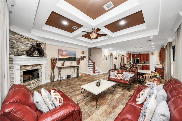 Fireplace, Interior, Kitchen, Living room, Recessed Lighting, Stone Walls, Wood Texture Flooring