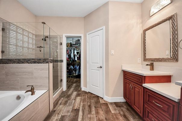 Bathroom, Glass Shower, Interior, Walk-in Closets, Wood Texture Flooring
