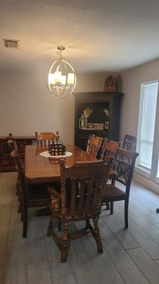 Dining room, Interior, Pendant Lights, Wood Texture Flooring