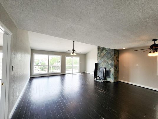 Empty room, Fireplace, Interior, Stone Walls, Wood Texture Flooring