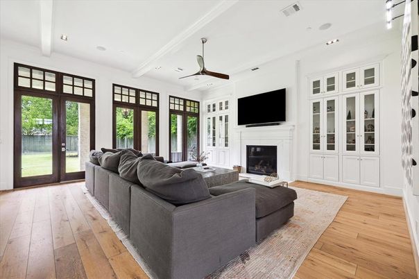 Fireplace, Interior, Living room, Recessed Lighting, Wood Texture Flooring
