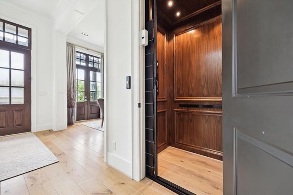 Elevator, Interior, Recessed Lighting, Wooden Ceilings, Wood Texture Flooring, Wooden Walls