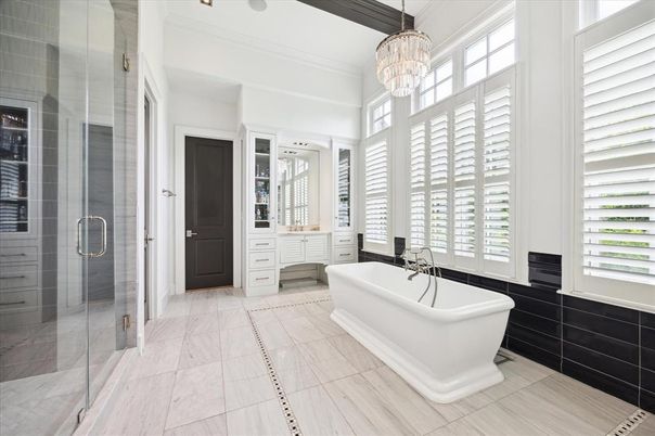 Bathroom, Chandelier, Free Standing Baths, Glass Shower, Interior