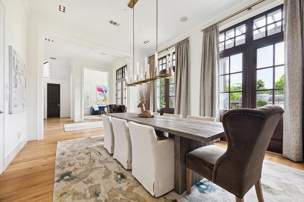 Dining room, Interior, Pendant Lights, Recessed Lighting, Wood Texture Flooring