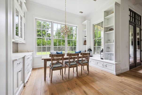 Dining room, Interior, Pendant Lights, Recessed Lighting, Wood Texture Flooring