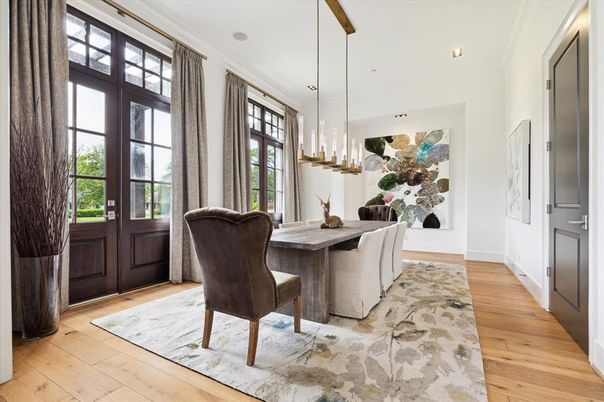 Dining room, Interior, Pendant Lights, Recessed Lighting, Wood Texture Flooring