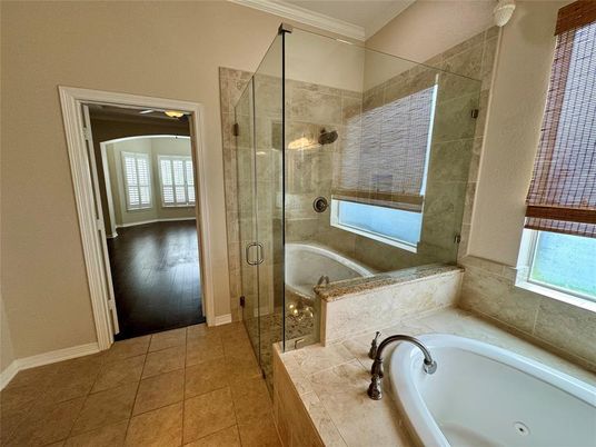 Bathroom, Glass Shower, Interior, Wood Texture Flooring