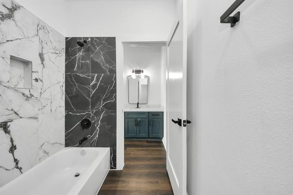 Bathroom, Interior, Marble Walls, Wood Texture Flooring