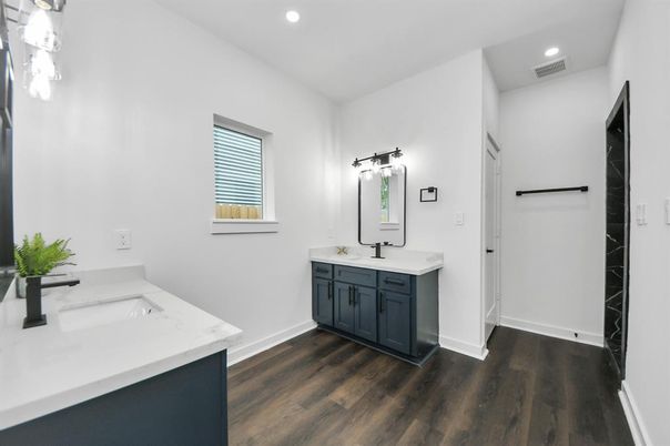 Bathroom, Dual Sink Vanities, Interior, Recessed Lighting, Wood Texture Flooring