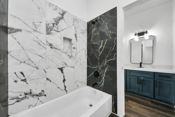 Bathroom, Interior, Marble Walls, Wood Texture Flooring