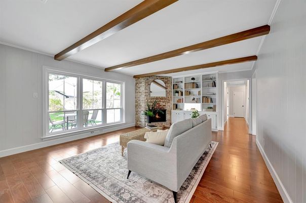 Fireplace, Interior, Living room, Stone Walls, Wooden Beams, Wood Texture Flooring