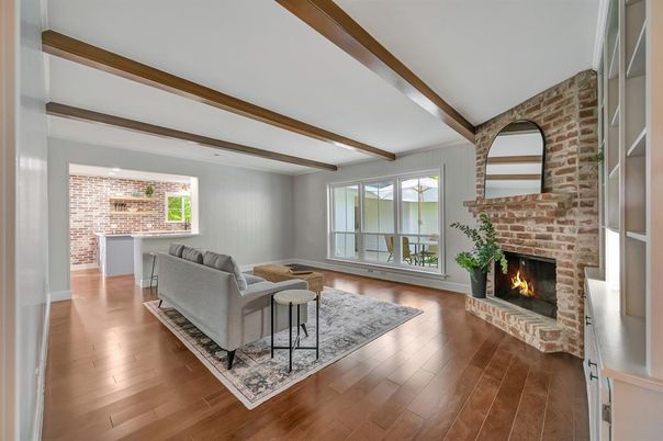 Fireplace, Interior, Living room, Stone Walls, Wooden Beams, Wood Texture Flooring