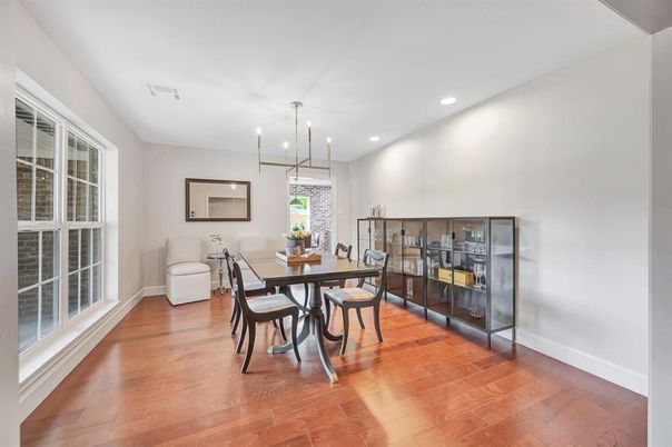 Dining room, Interior, Pendant Lights, Recessed Lighting, Wood Texture Flooring