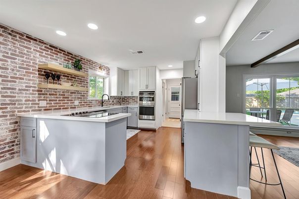 Interior, Kitchen, Recessed Lighting, Stainless Steel Appliances, Stone Walls, Wood Texture Flooring