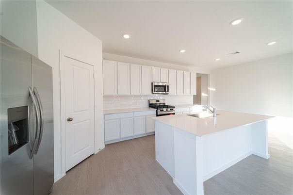 Interior, Kitchen, Recessed Lighting, Stainless Steel Appliances, Wood Texture Flooring