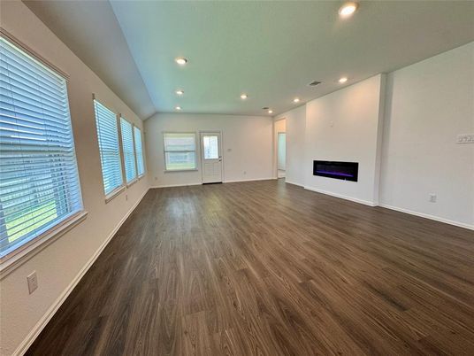 Empty room, Fireplace, Interior, Recessed Lighting, Wood Texture Flooring