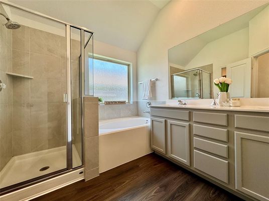 Bathroom, Glass Shower, Interior, Wood Texture Flooring