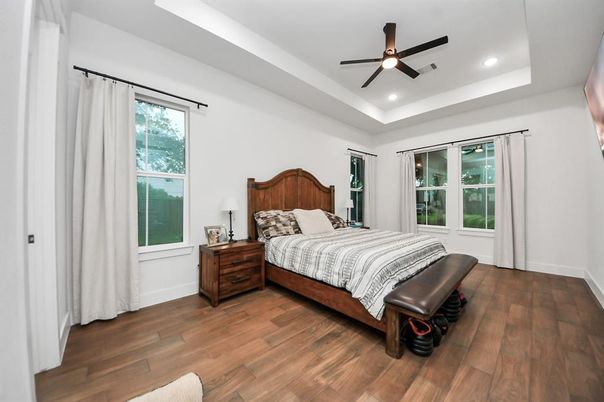Bedroom, Interior, Recessed Lighting, Wood Texture Flooring