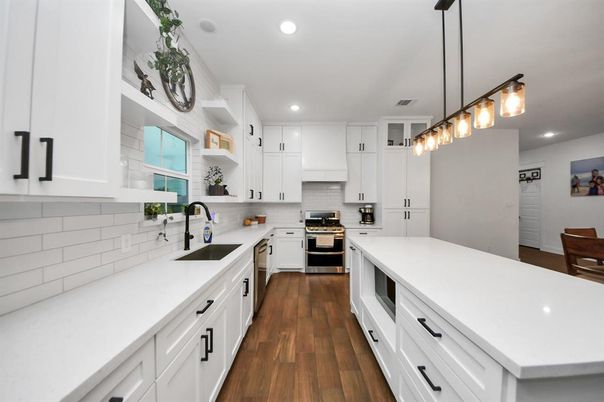 Interior, Kitchen, Pendant Lights, Recessed Lighting, Stainless Steel Appliances, Wood Texture Flooring