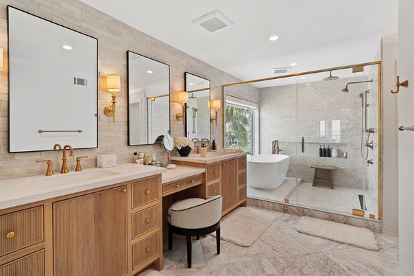 Bathroom, Dual Sink Vanities, Free Standing Baths, Glass Shower, Interior, Marble, Recessed Lighting