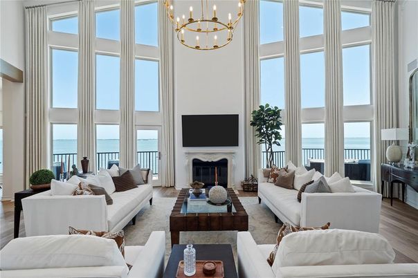 Fireplace, Interior, Living room, Pendant Lights, Water, Wood Texture Flooring