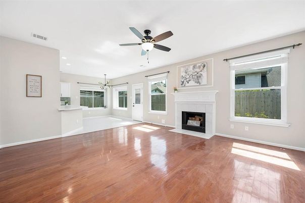 Empty room, Fireplace, Interior, Recessed Lighting, Wood Texture Flooring