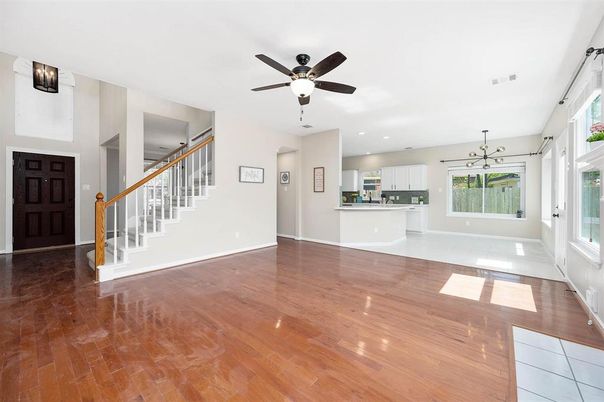Empty room, Interior, Kitchen, Pendant Lights, Recessed Lighting, Wood Texture Flooring