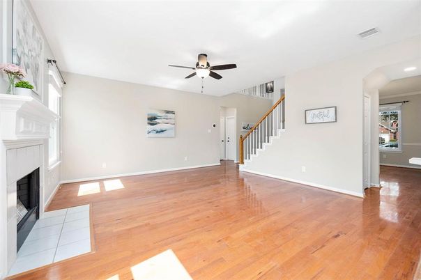 Empty room, Fireplace, Interior, Recessed Lighting, Wood Texture Flooring