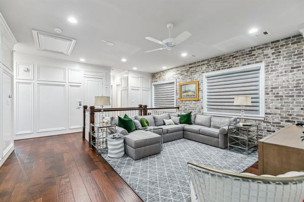 Interior, Living room, Recessed Lighting, Stone Walls, Wood Texture Flooring