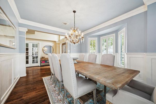 Chandelier, Dining room, Interior, Wood Texture Flooring