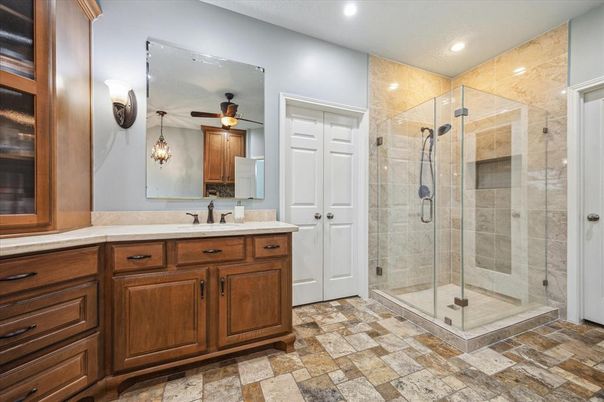 Bathroom, Glass Shower, Interior, Recessed Lighting